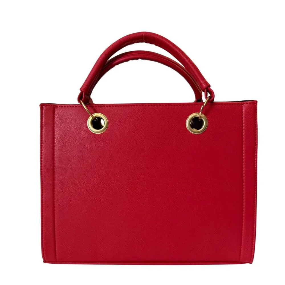 Tooled multicolored hummingbird on a vegan leather  red satchel with make up bag